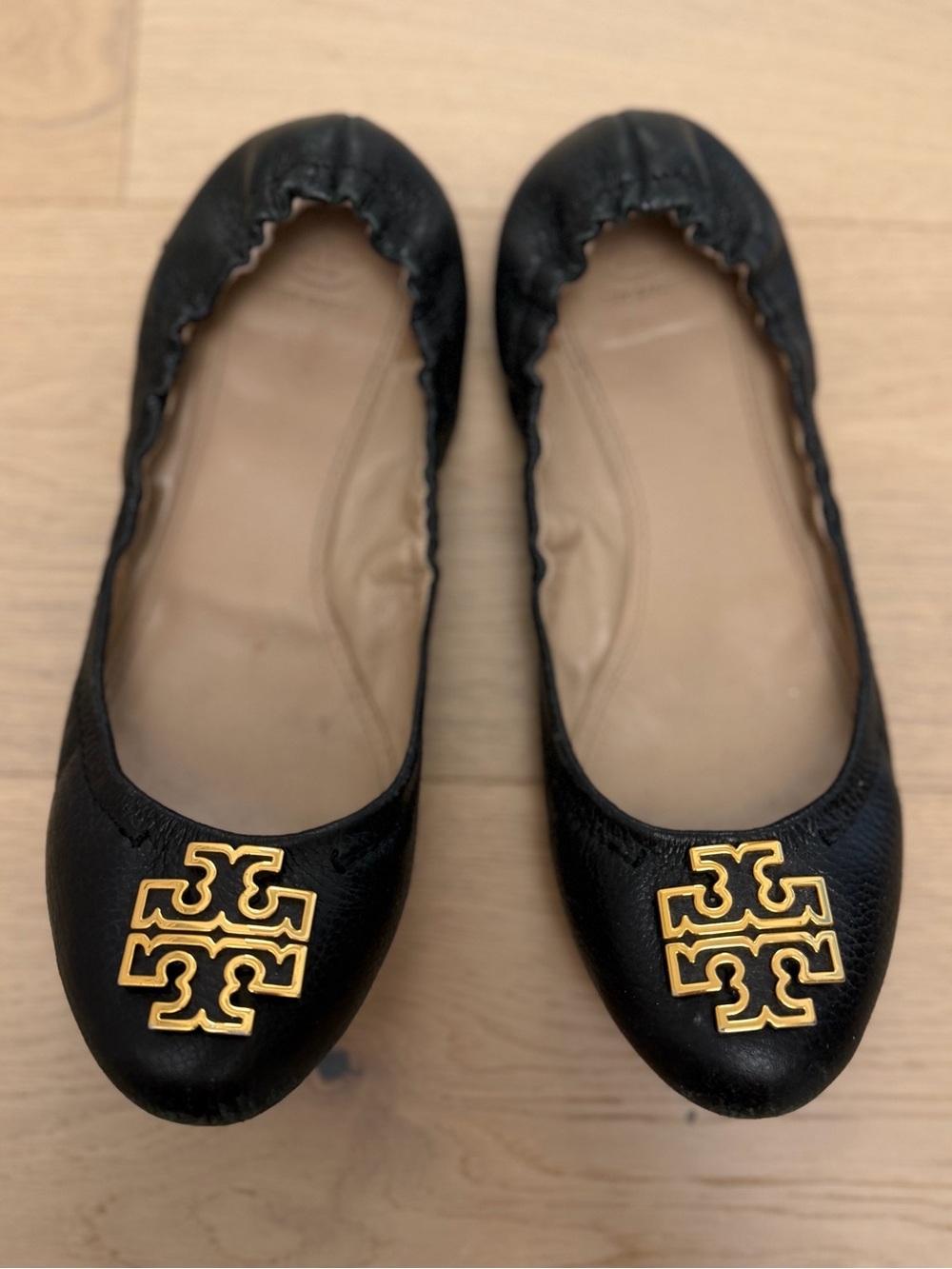 Tory Burch Black Leather Logo Ballet Flats with Gold Emblem